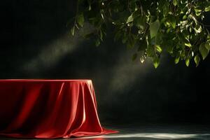 Elegant Red Table Draped With Fabric Under Green Leafy Branches in a Dim Lit Room photo