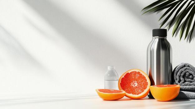 Workout Essentials With Fresh Fruit and Water in a Bright Environment During Morning Exercise Session. photo