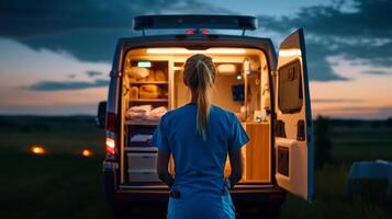 Emergency Medical Professional Standing by Ambulance During Twilight. photo
