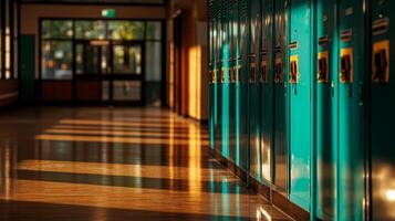 Hallway With Teal Lockers Reflecting Warm Sunlight in an Empty School in the Afternoon photo