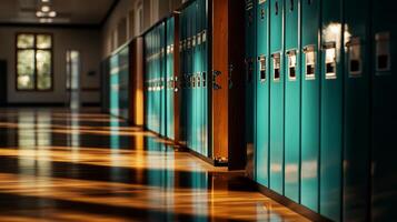 School Hallway With Turquoise Lockers Reflecting Morning Light in Peaceful Atmosphere photo