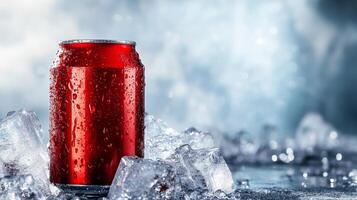 Chilled Red Can Resting on Ice Cubes With Droplets in a Cool Setting photo