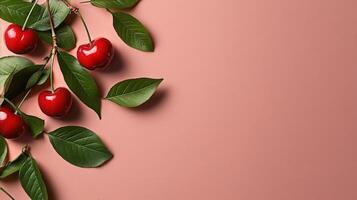 Fresh Cherries With Green Leaves Arranged on a Soft Pink Background Inspiring a Vibrant Summer Feel. photo