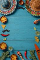 Vibrant Mexican Fiesta Celebration With Traditional Elements and Festive Snacks Arranged on Blue Table photo