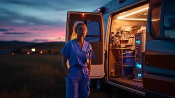 Emergency Medical Professional Standing by Ambulance During Twilight photo