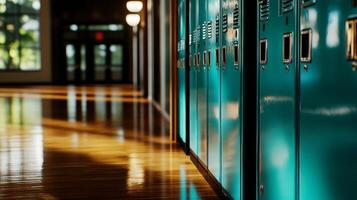 Hallway With Teal Lockers Reflecting Warm Sunlight in an Empty School in the Afternoon. photo