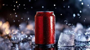 Chilled Red Can Resting on Ice Cubes With Droplets in a Cool Setting. photo
