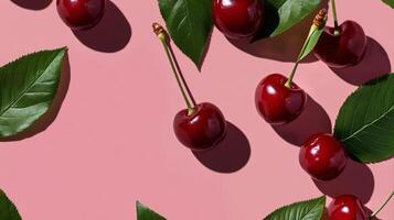 Vibrant Cherries and Green Leaves Arranged Artistically on a Pink Background photo