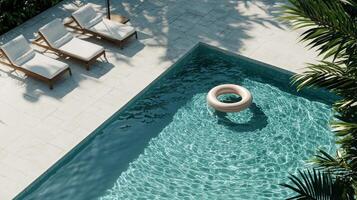 Relaxing Pool Area With Sun Loungers and Inflatable Ring in a Serene Tropical Setting photo