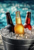 Refreshing Drinks in a Chilled Ice Bucket Beside a Sparkling Pool on a Sunny Day. photo