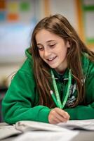 Young Student Engaged in Classroom Activities While Smiling and Writing With Enthusiasm photo