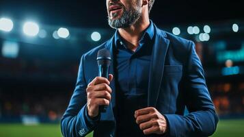 Sport Event Host Delivers Passionate Speech at Twilight Stadium With Bright Lights Illuminating Fans photo