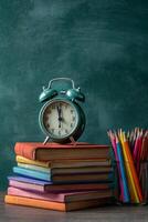 Colorful Stationery and Clock Placed on Stacked Books Near a Chalkboard Background in a Classroom. photo