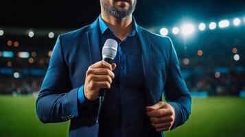 Sport Event Host Delivers Passionate Speech at Twilight Stadium With Bright Lights Illuminating Fans. photo