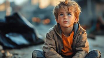 Young Boy Sitting Quietly Outdoors in a Worn Jacket, Gazing Upwards in a Faded Landscape During Golden Hour photo
