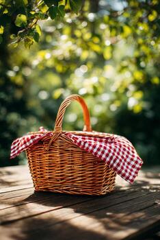 Wicker Basket With Red Checkered Cloth Sitting Under Leafy Tree During Sunny Afternoon. photo