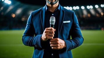Presenter Delivers Keynote Speech at Evening Sports Event Amid Stadium Lights and Enthusiastic Crowd. photo