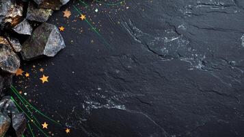 Dark Textured Surface With Decorative Stones and Golden Stars Creating a Festive Look photo