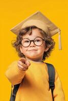 Young Child Dressed for Graduation Celebrates Success With Joyful Expression and Yellow Background. photo