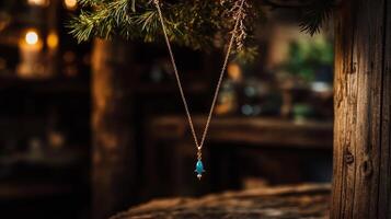 Elegant Turquoise Pendant Hangs on a Delicate Gold Chain Under Natural Light in a Rustic Setting photo