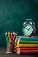 Colorful Stationery and Clock Placed on Stacked Books Near a Chalkboard Background in a Classroom photo