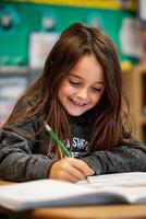 Child Studying Diligently in Classroom During Afternoon Hours. photo