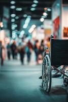 Wheelchair Positioned in Busy Convention Hall During Event With Many Attendees Present photo