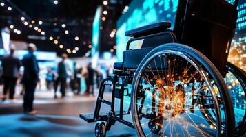 Wheelchair Positioned in a Modern Venue Filled With People Socializing and Interacting During an Event. photo