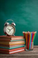 Study Tools Including Alarm Clock and Colored Pencils Enhance Learning Environment. photo