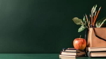 School Supplies Arranged on a Green Tabletop With an Apple and a Bag of Pencils photo