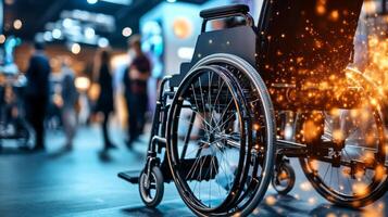 Wheelchair Positioned in a Modern Venue Filled With People Socializing and Interacting During an Event photo