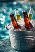 Refreshing Drinks in Ice Bucket at a Sunny Poolside Gathering During Summer Afternoon. photo