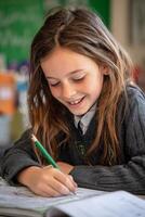 Child Studying Diligently in Classroom During Afternoon Hours photo