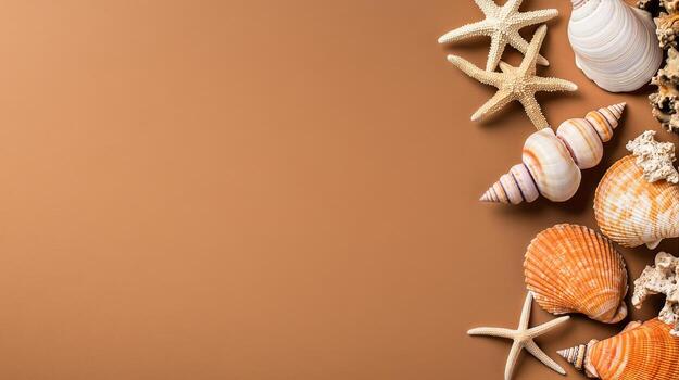 Seashells and Starfish Arranged on a Brown Background for a Coastal Decoration or Craft Project photo