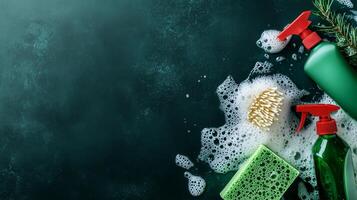 Cleaning Supplies Arranged on Dark Surface With Soap Bubbles and Scrubbing Tools photo