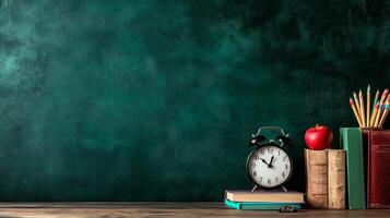 Clock, Books, Apple, and Colored Pencils Arranged on Desk With Dark Green Background During Study Time photo