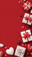 Festive Red Background With White and Brown Gifts and Heart-Shaped Chocolates Arranged for Celebration. photo