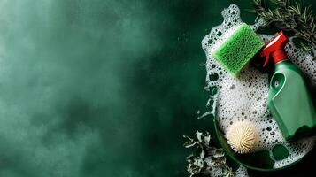 Cleaning Supplies Arranged With a Green Sponge and Soap Bubbles on a Dark Background photo