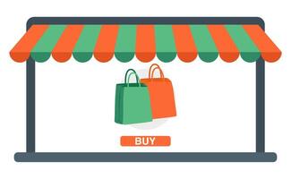Laptop Online Store with Shopping Bag. E-Commerce Website Interface on Laptop. Online Shop Display on Laptop with Tote Bag vector