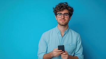 young man using smartphone casual style blue background photo