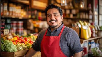 friendly grocer smiling in produce section photo