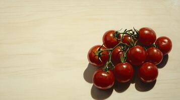 vine ripe tomatoes on wooden surface photo
