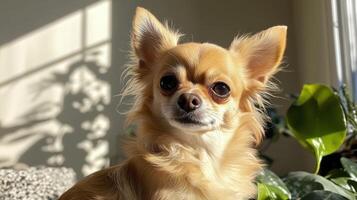 adorable long-haired chihuahua puppy basking in sunlight photo