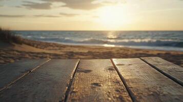 wooden beach table sunset ocean view photo