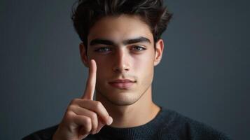 handsome young man holding up index finger photo