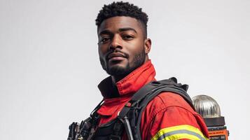 portrait of confident black firefighter in uniform photo