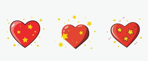 Three Red Hearts with Yellow Stars and Sparkling Accents on a White Background vector