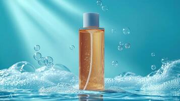 Amber bottle of liquid product, surrounded by water, bubbles, and foam photo