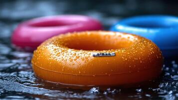 Vibrant orange inflatable ring, water droplets photo