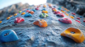Close-up view of a rock climbing wall with colorful holds photo